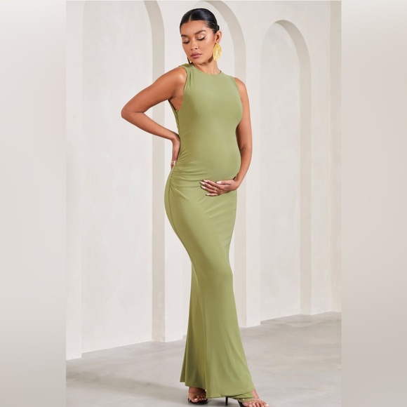 Club L London Riley Olive Ruched Sleeveless Open-Back Maternity Maxi Dress - Picture 2 of 10